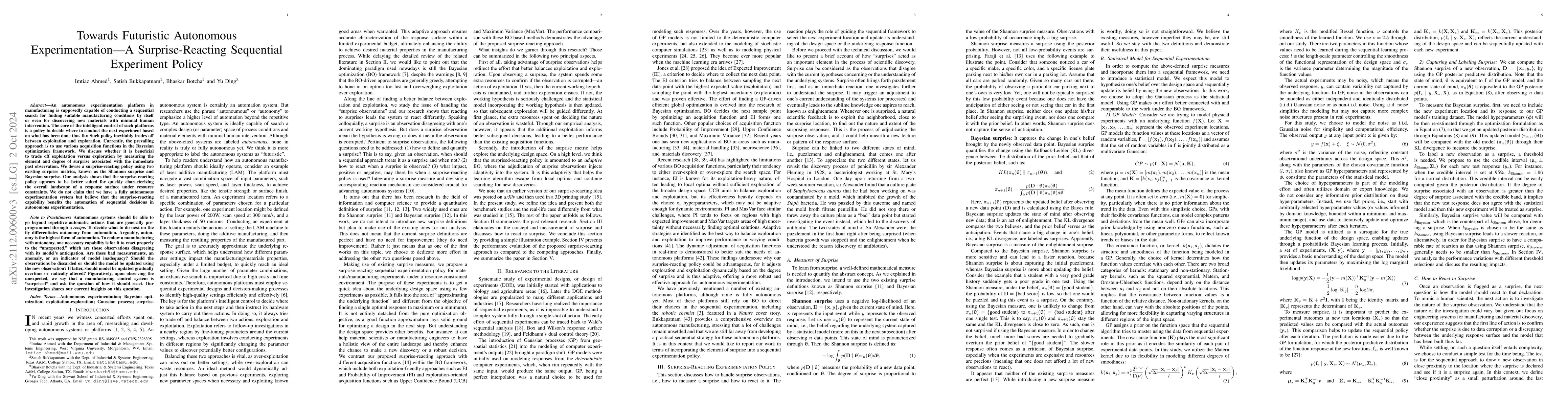 Thumbnail for Towards Futuristic Autonomous Experimentation--A Surprise-Reacting
  Sequential Experiment Policy