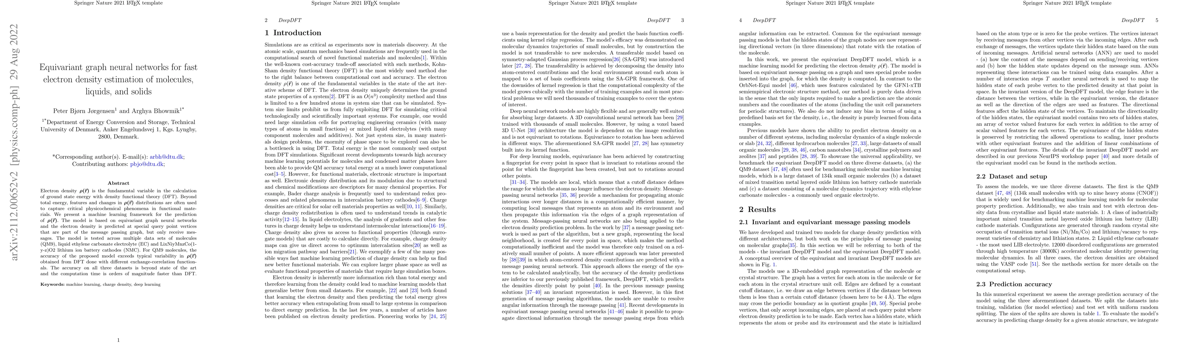 Thumbnail for Equivariant graph neural networks for fast electron density estimation
  of molecules, liquids, and solids