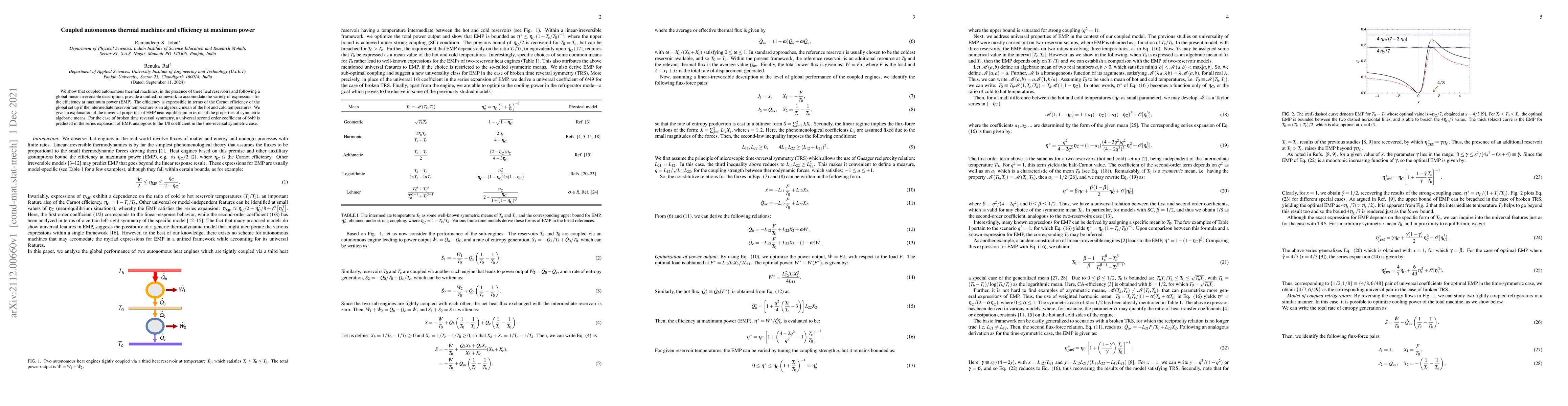 Thumbnail for Coupled autonomous thermal machines and efficiency at maximum power