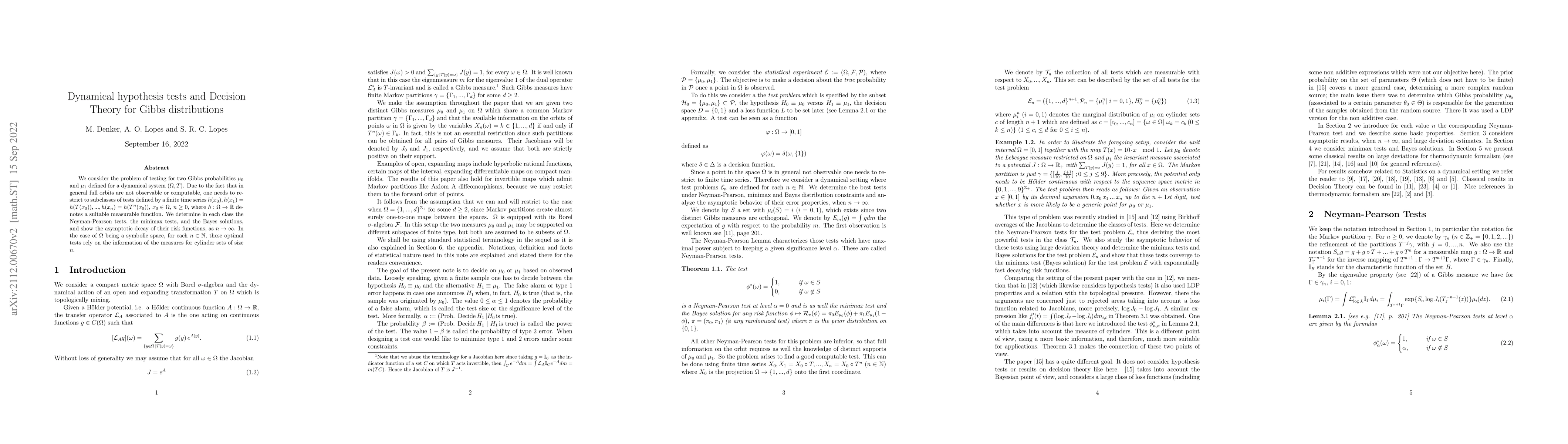 Thumbnail for Dynamical hypothesis tests and Decision Theory for Gibbs distributions