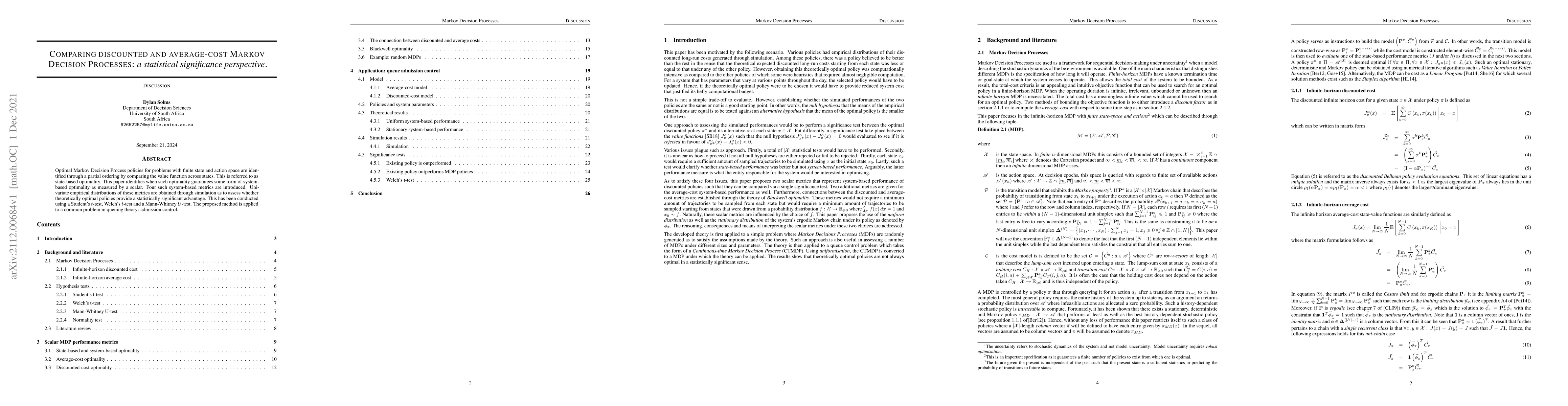 Thumbnail for Comparing discounted and average-cost Markov Decision Processes: a
  statistical significance perspective