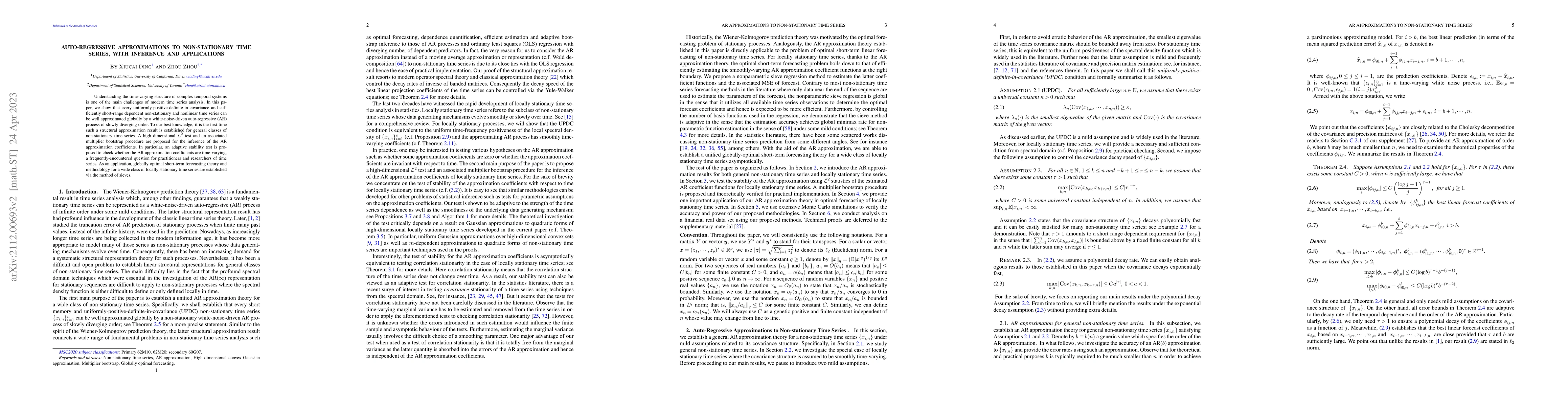 Thumbnail for Auto-Regressive Approximations to Non-stationary Time Series, with
  Inference and Applications