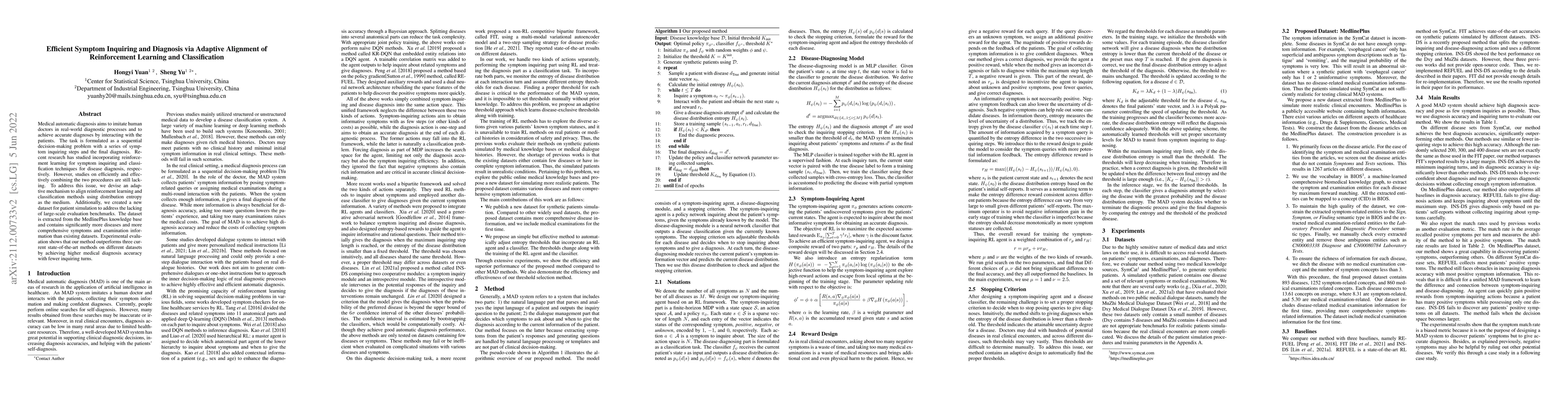 Thumbnail for Efficient Symptom Inquiring and Diagnosis via Adaptive Alignment of
  Reinforcement Learning and Classification