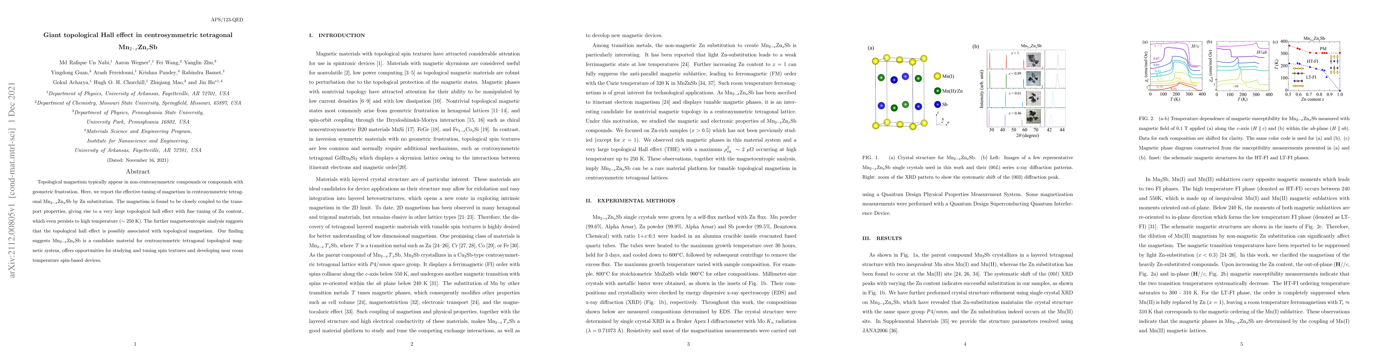 Thumbnail for Giant topological Hall effect in centrosymmetric tetragonal Mn2-xZnxSb