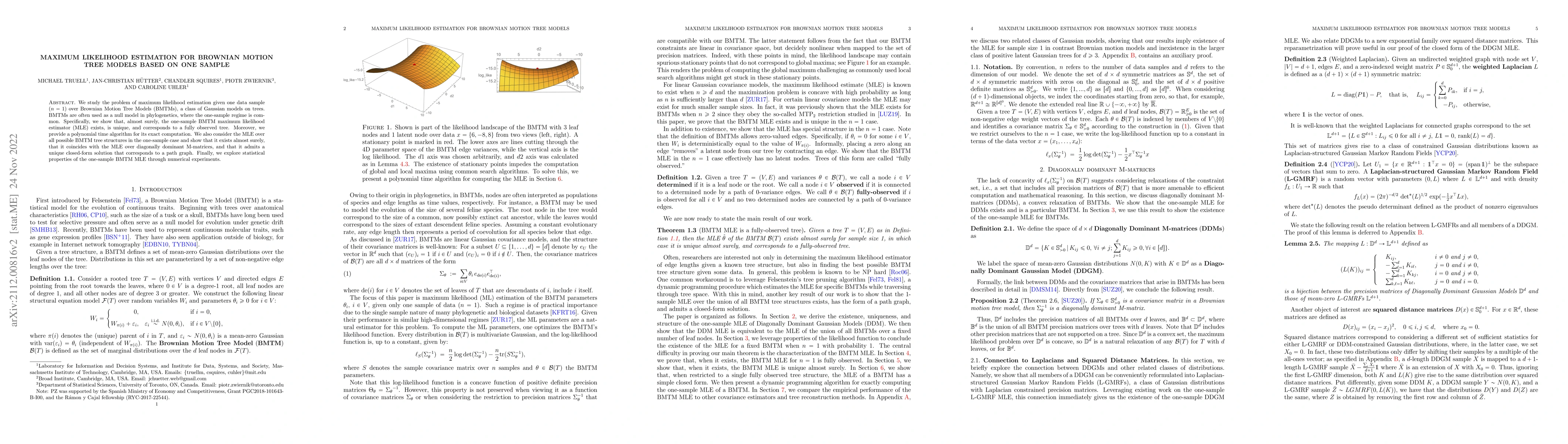 Thumbnail for Maximum Likelihood Estimation for Brownian Motion Tree Models Based on
  One Sample
