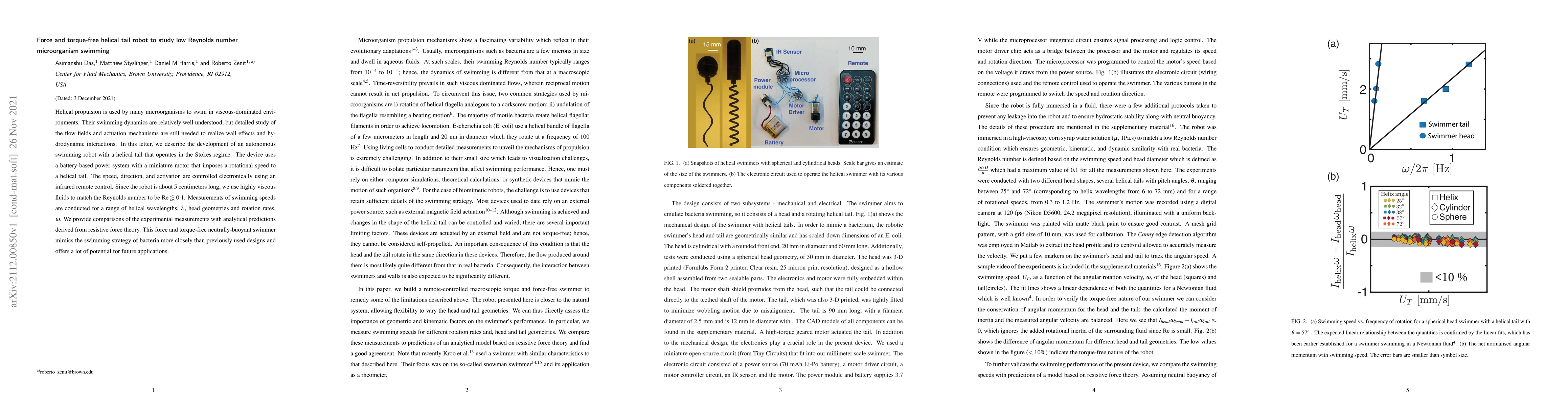Thumbnail for Force and torque-free helical tail robot to study low Reynolds number
  microorganism swimming