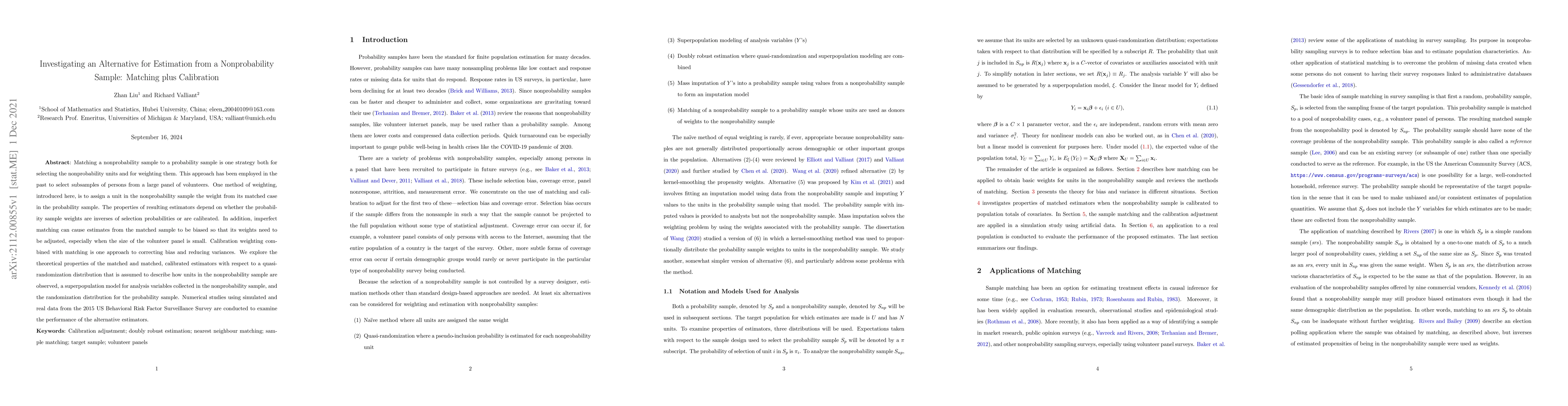 Thumbnail for Investigating an Alternative for Estimation from a Nonprobability
  Sample: Matching plus Calibration