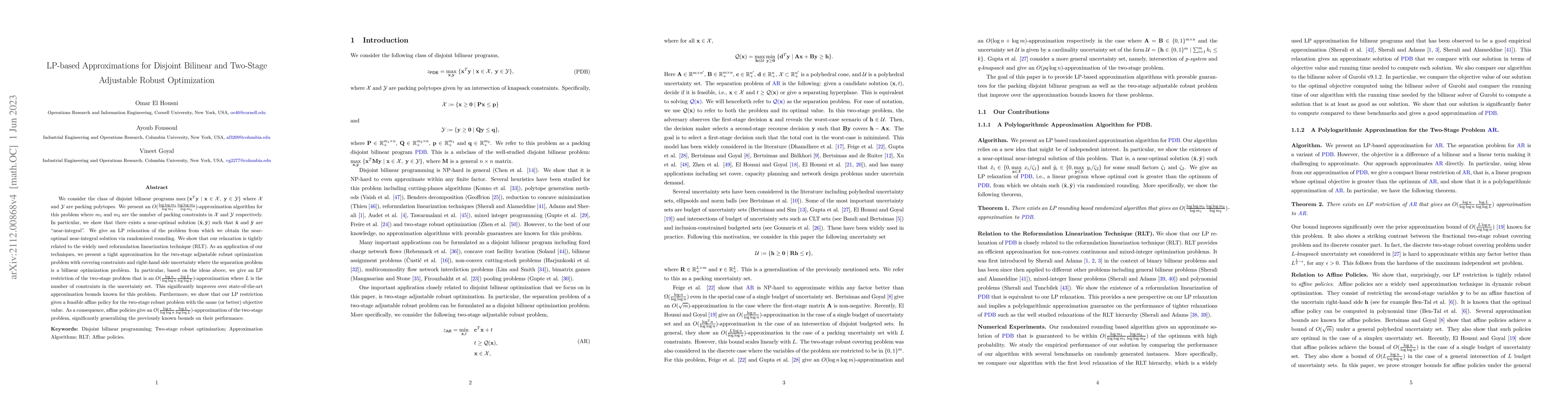 Thumbnail for LP-based Approximations for Disjoint Bilinear and Two-Stage Adjustable
  Robust Optimization