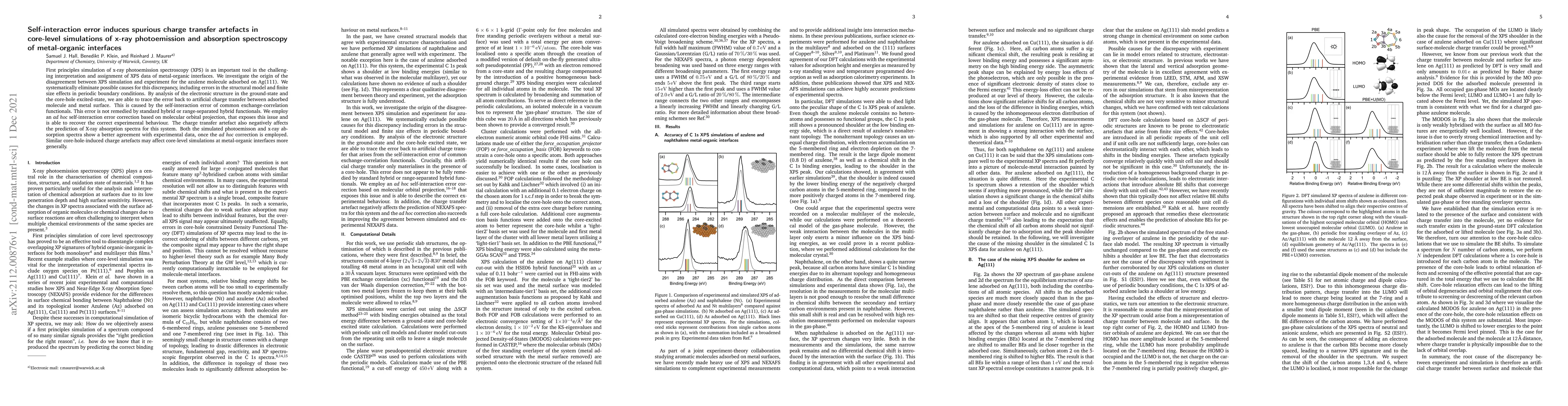 Thumbnail for Self-interaction error induces spurious charge transfer artefacts in
  core-level simulations of x-ray photoemission and absorption spectroscopy of
  metal-organic interfaces