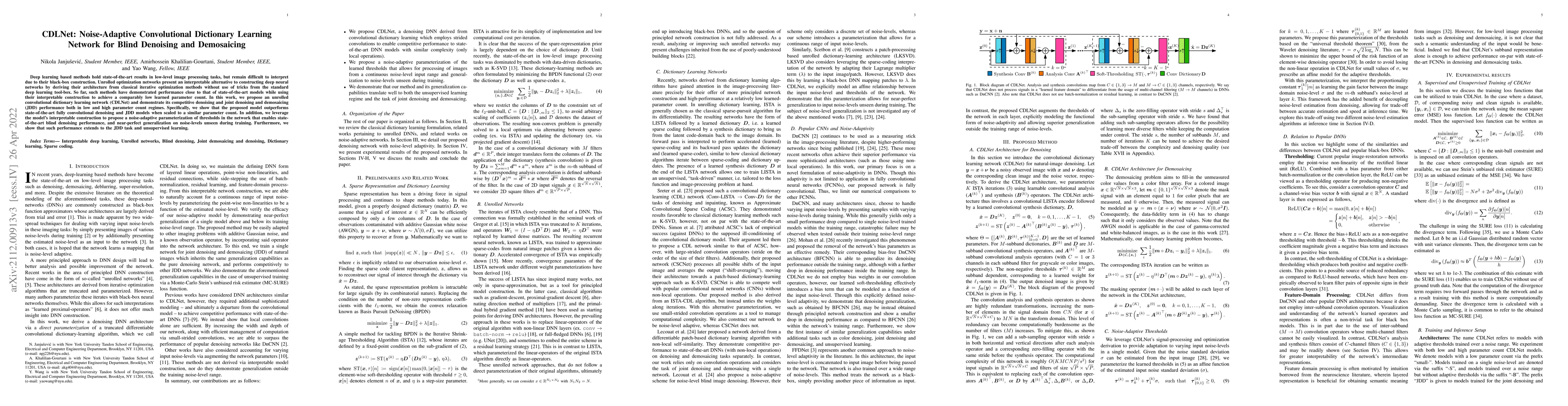 Thumbnail for CDLNet: Noise-Adaptive Convolutional Dictionary Learning Network for
  Blind Denoising and Demosaicing