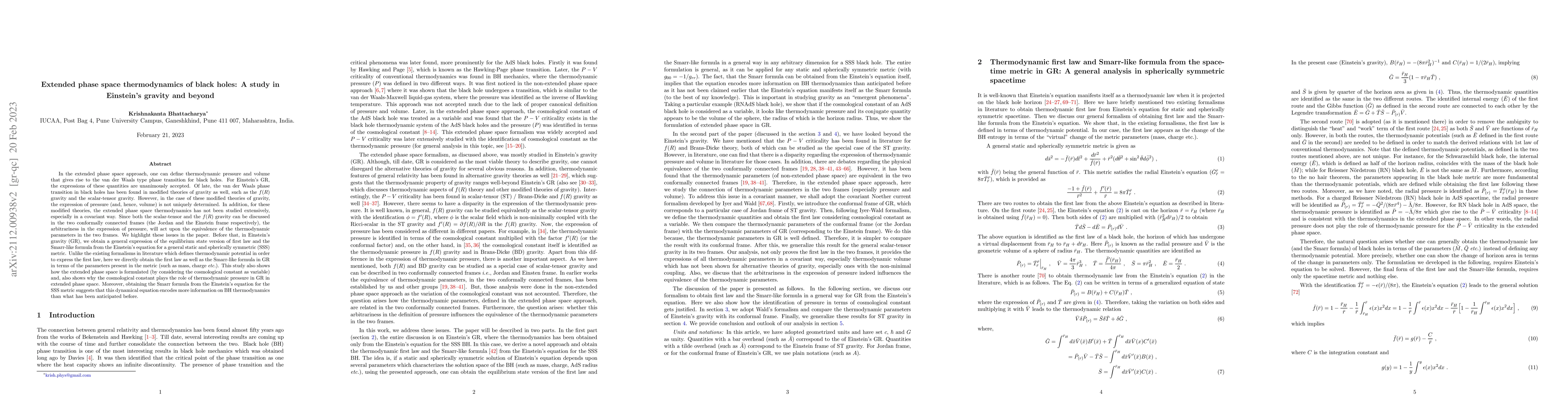 Thumbnail for Extended phase space thermodynamics of black holes: A study in
  Einstein's gravity and beyond