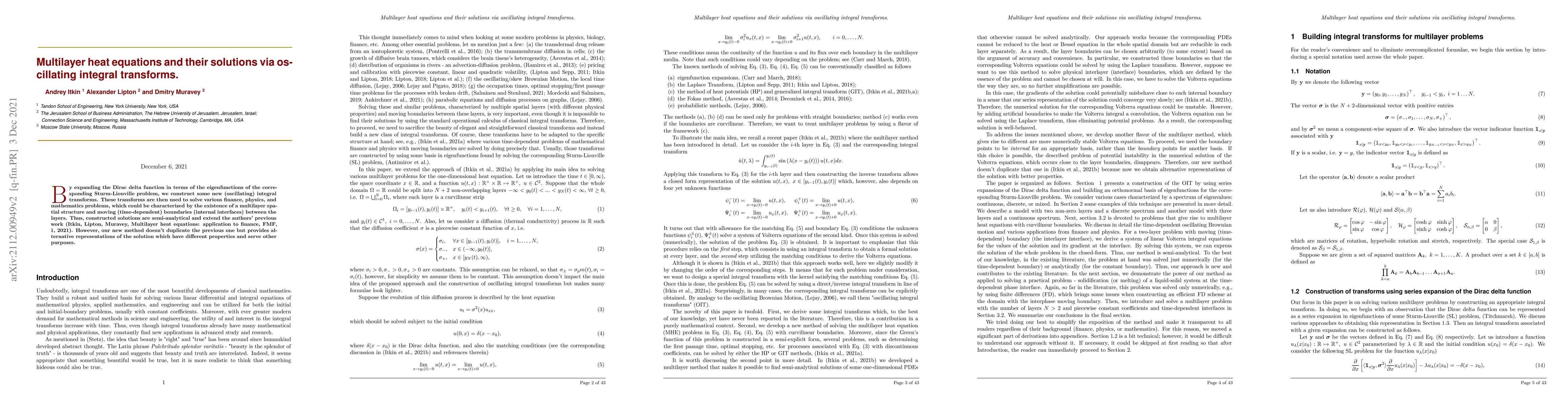 Thumbnail for Multilayer heat equations and their solutions via oscillating integral
  transforms