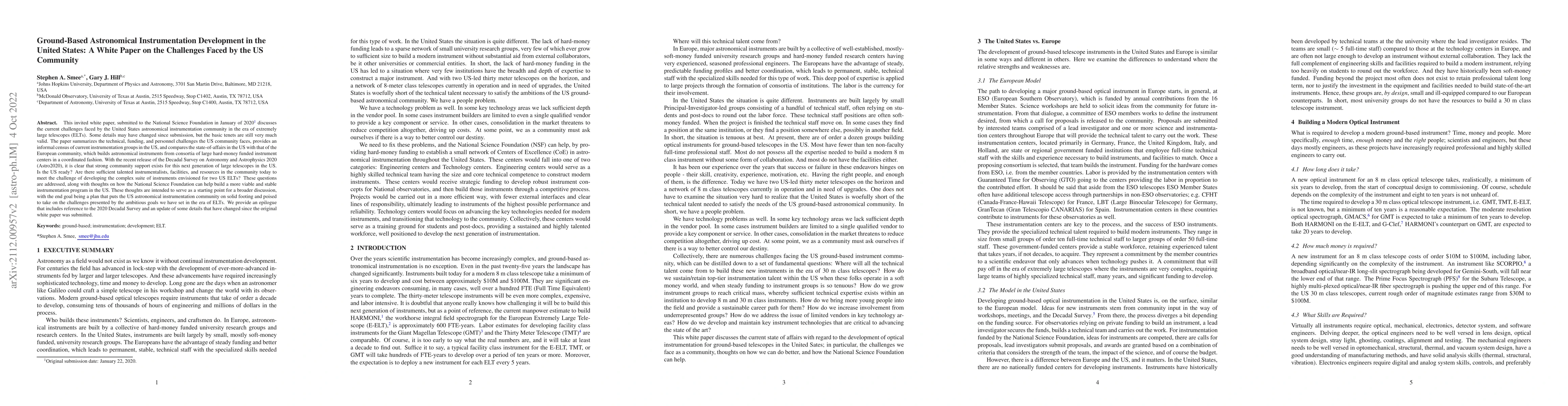 Thumbnail for Ground-Based Astronomical Instrumentation Development in the United
  States: A White Paper on the Challenges Faced by the US Community
