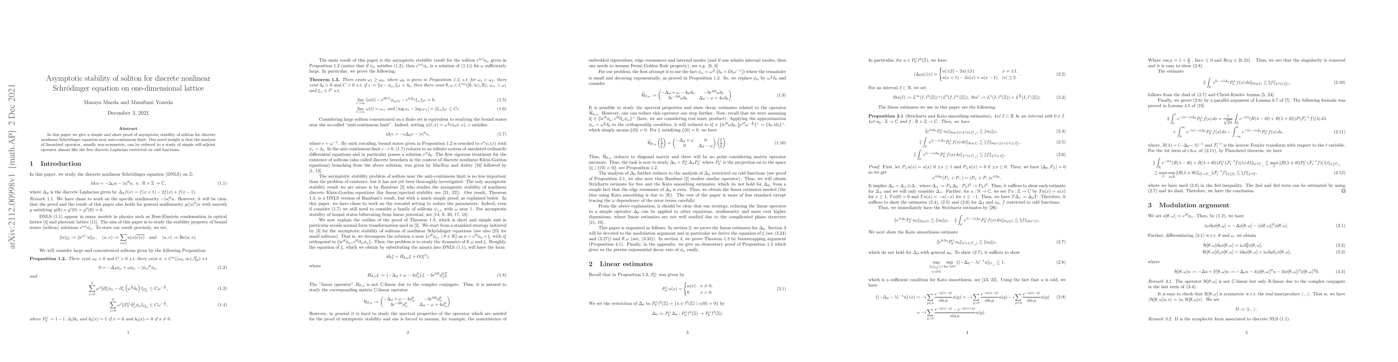 Thumbnail for Asymptotic stability of soliton for discrete nonlinear Schr\"odinger
  equation on one-dimensional lattice