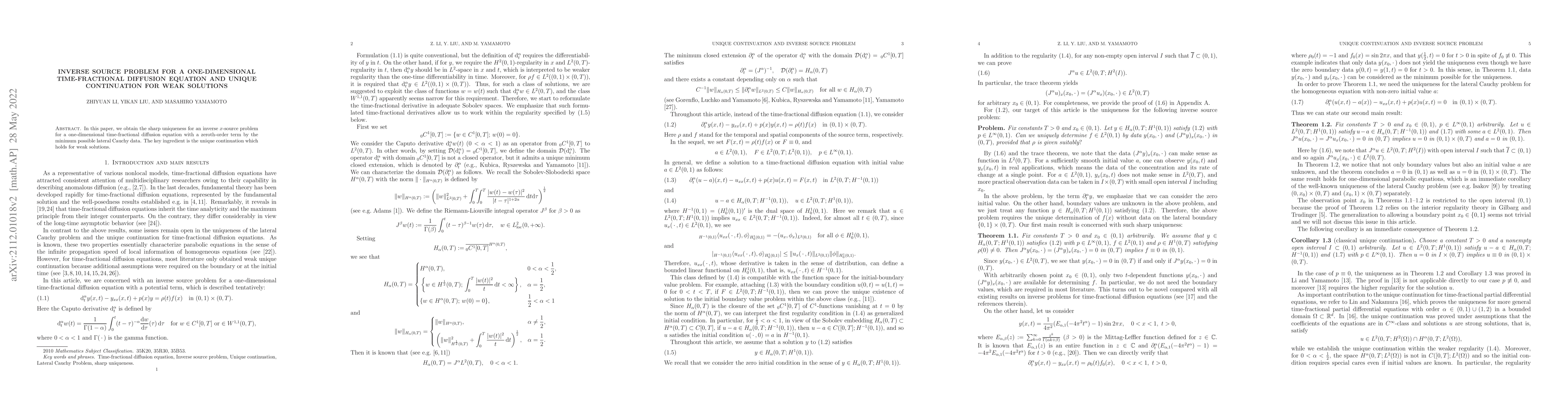 Thumbnail for Inverse source problem for a one-dimensional time-fractional diffusion
  equation and unique continuation for weak solutions