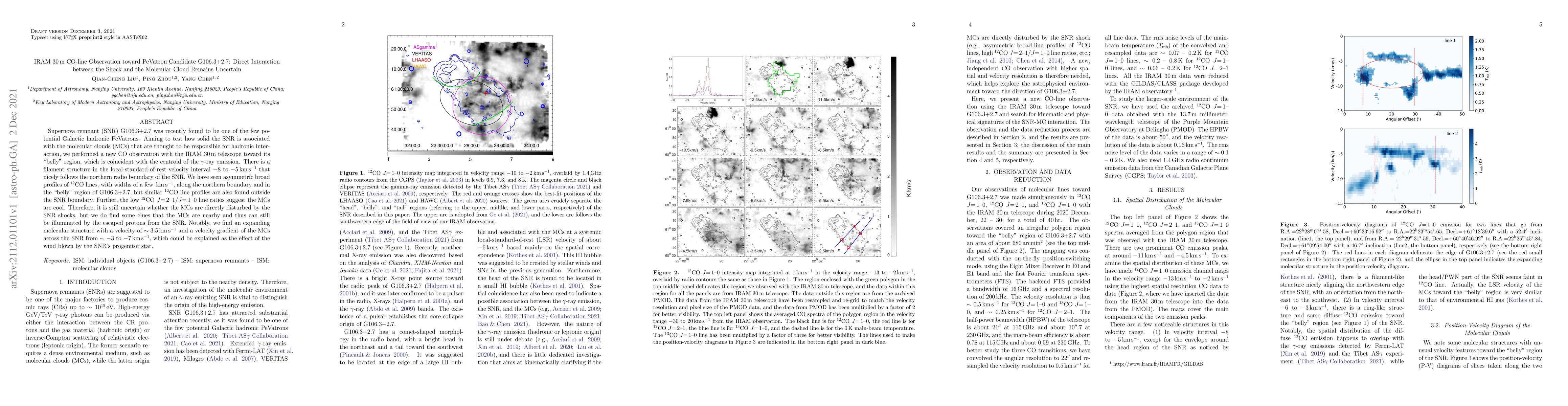 Thumbnail for IRAM 30 m CO-line Observation toward PeVatron Candidate G106.3+2.7:
  Direct Interaction between the Shock and the Molecular Cloud Remains
  Uncertain