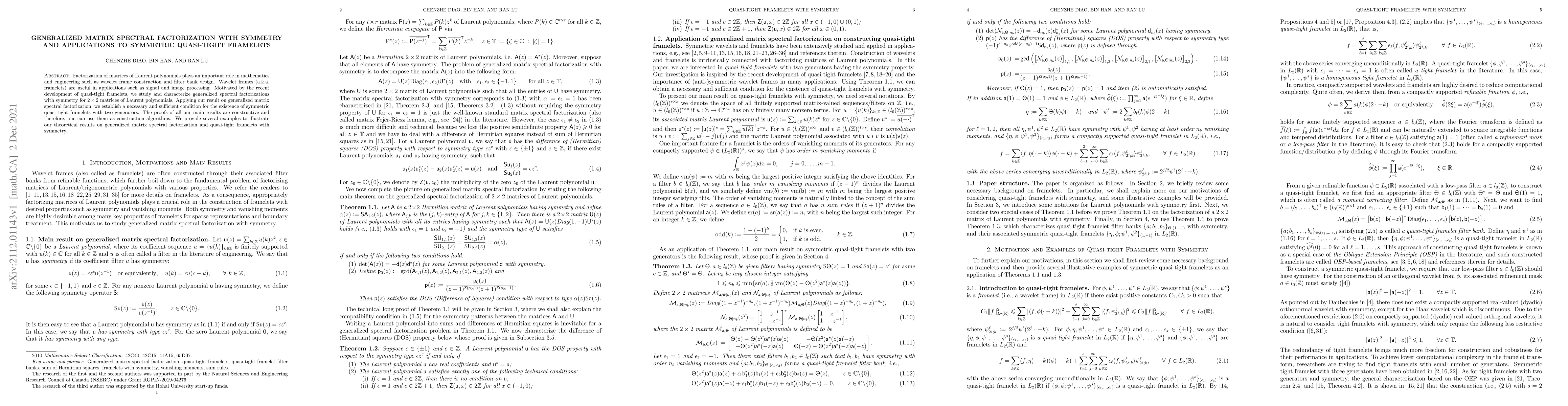 Thumbnail for Generalized Matrix Spectral Factorization with Symmetry and Applications
  to Symmetric Quasi-Tight Framelets