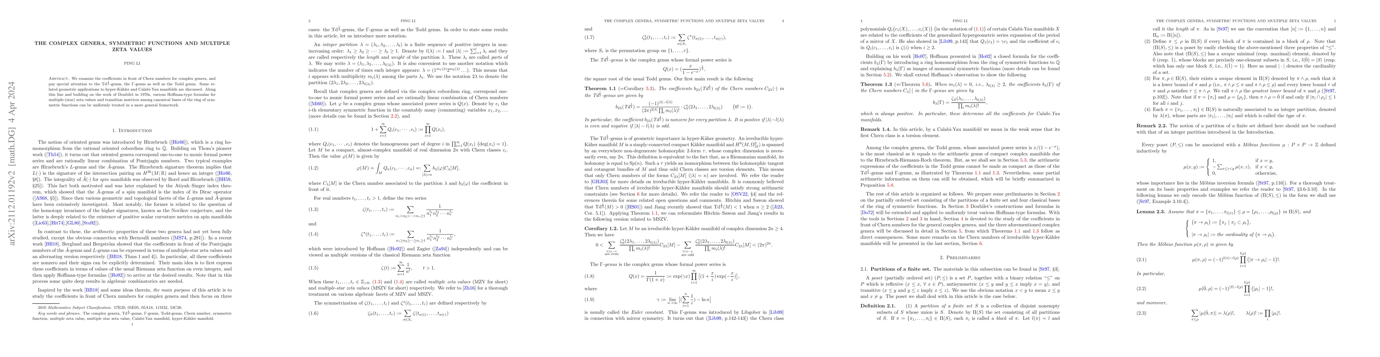 Thumbnail for The complex genera, symmetric functions and multiple zeta values