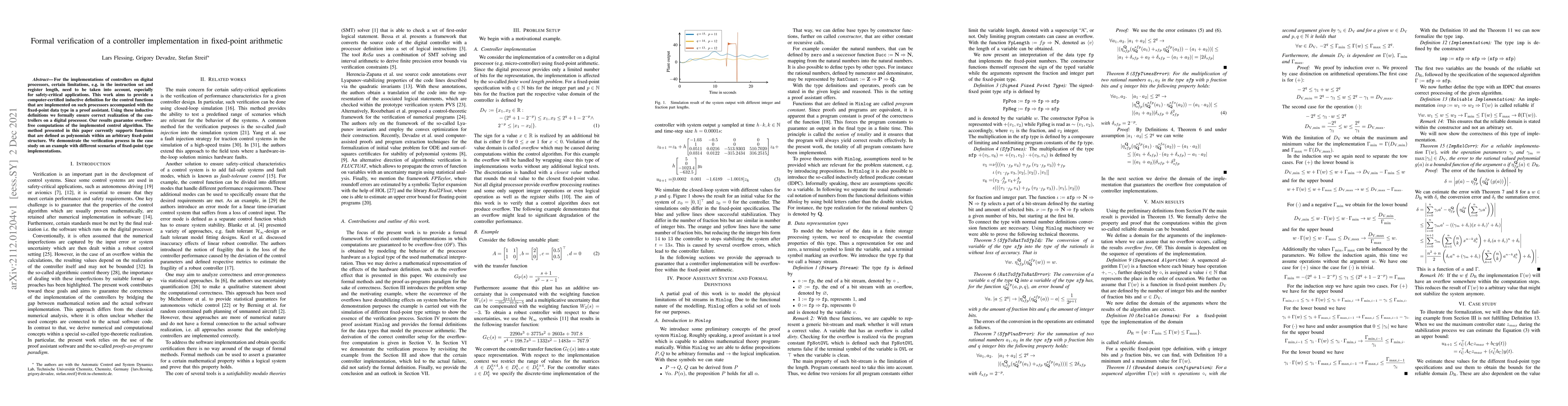 Thumbnail for Formal verification of a controller implementation in fixed-point
  arithmetic