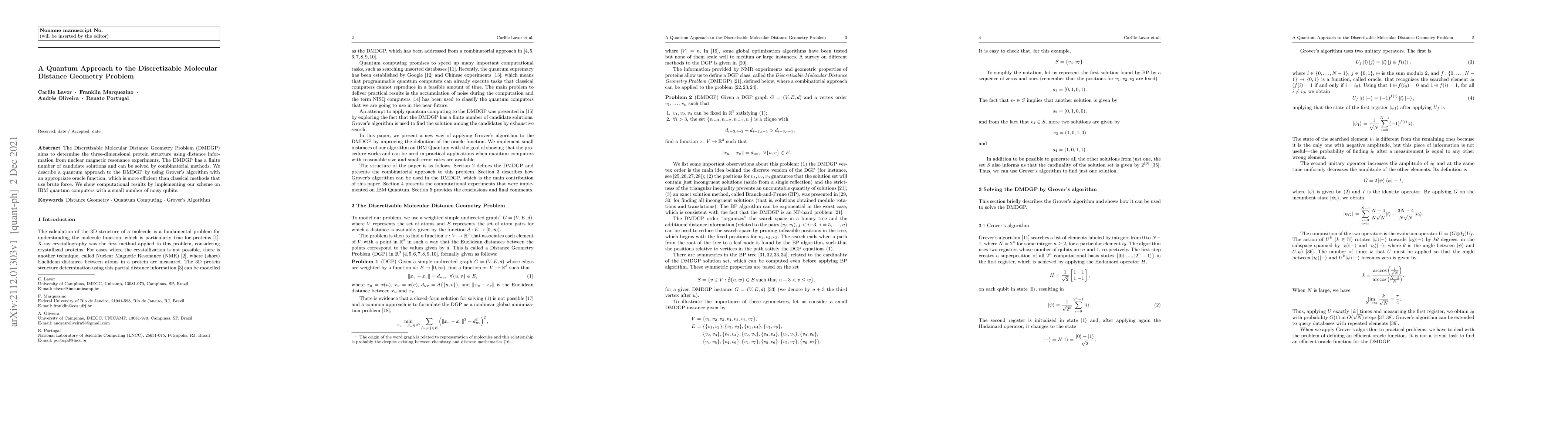 Thumbnail for A Quantum Approach to the Discretizable Molecular Distance Geometry
  Problem