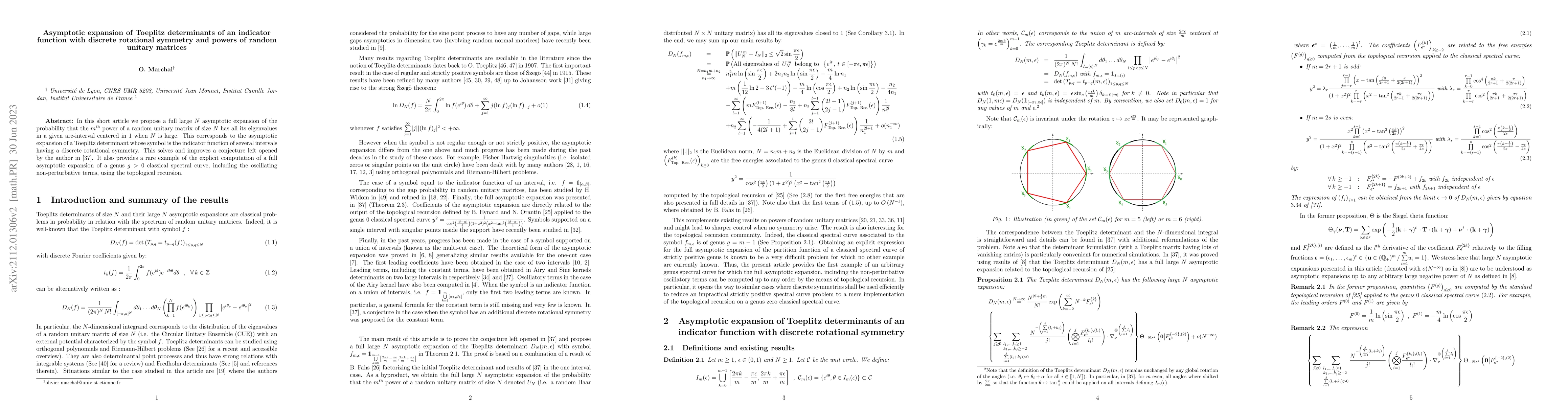 Thumbnail for Asymptotic expansion of Toeplitz determinants of an indicator function
  with discrete rotational symmetry and powers of random unitary matrices