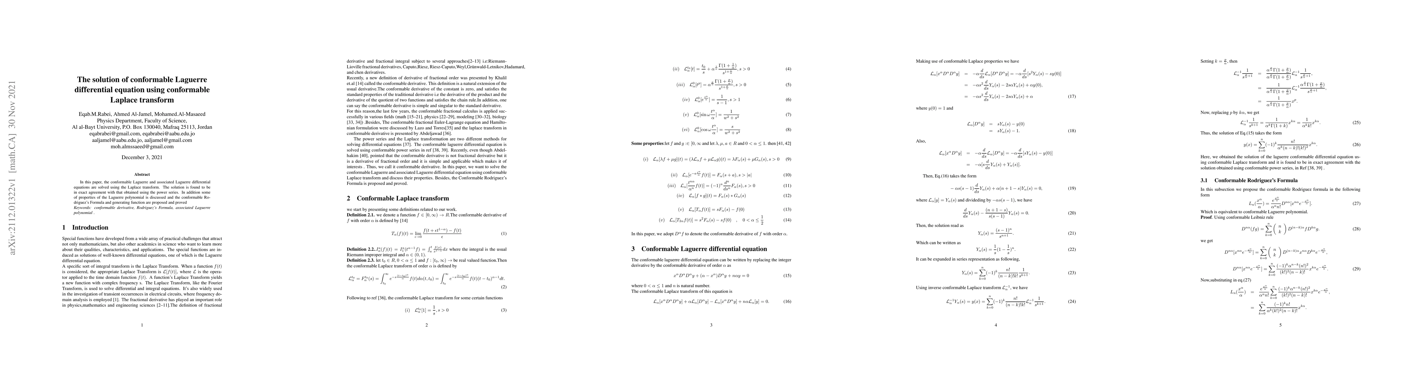 Thumbnail for The solution of conformable Laguerre differential equation using
  conformable Laplace transform