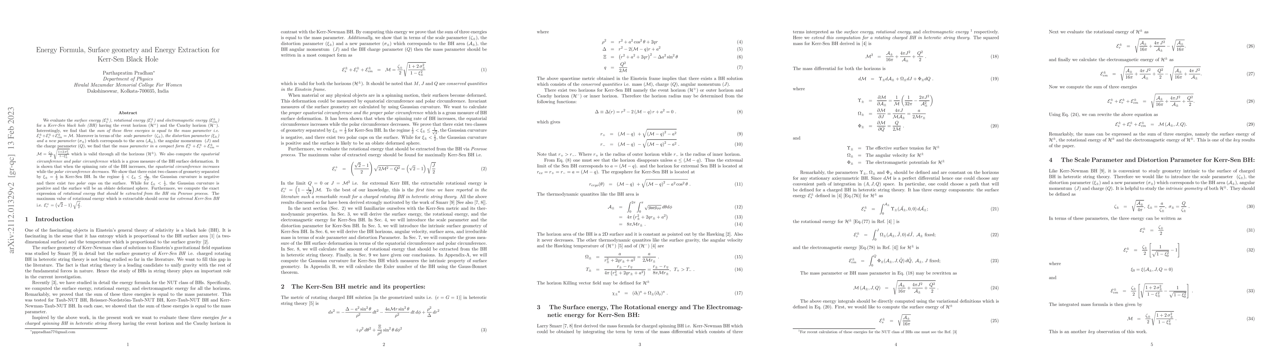 Thumbnail for Energy Formula, Surface geometry and Energy Extraction for Kerr-Sen
  Black Hole