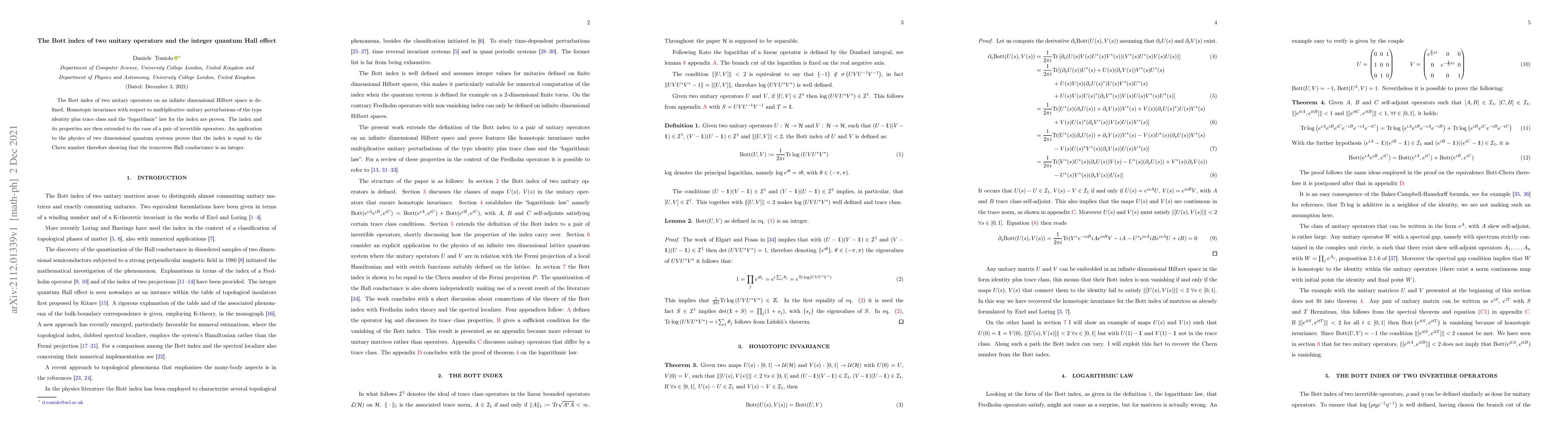Thumbnail for The Bott index of two unitary operators and the integer quantum Hall
  effect
