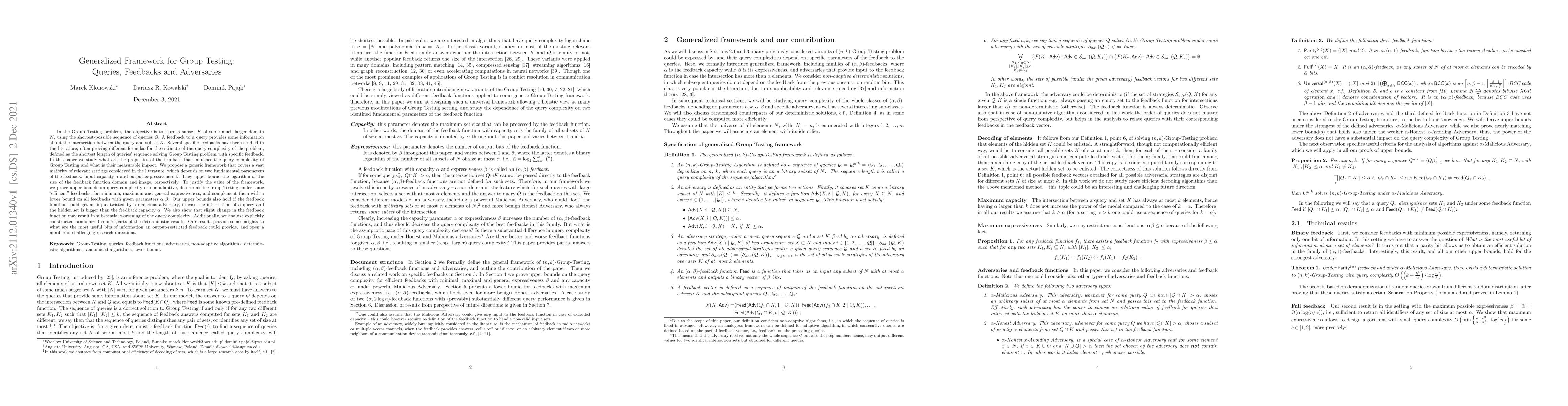 Thumbnail for Generalized Framework for Group Testing: Queries, Feedbacks and
  Adversaries