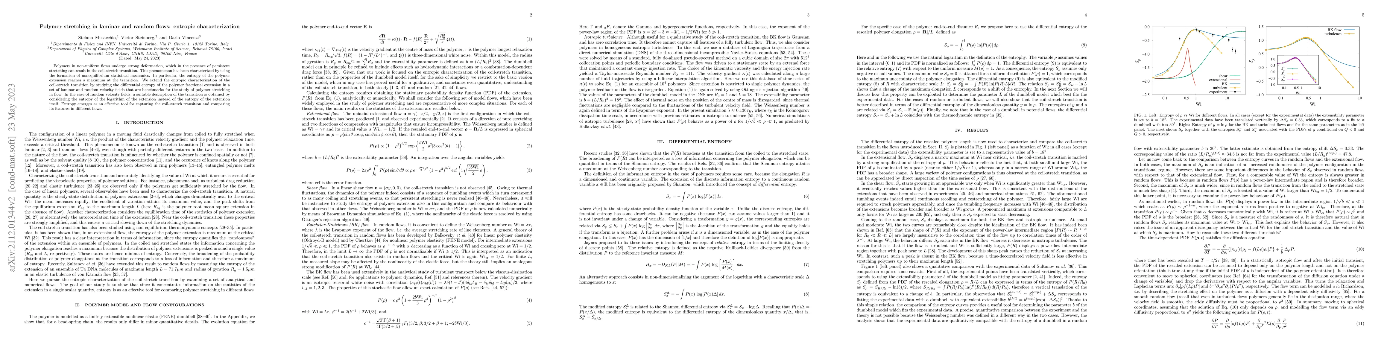 Thumbnail for Polymer stretching in laminar and random flows: entropic
  characterization