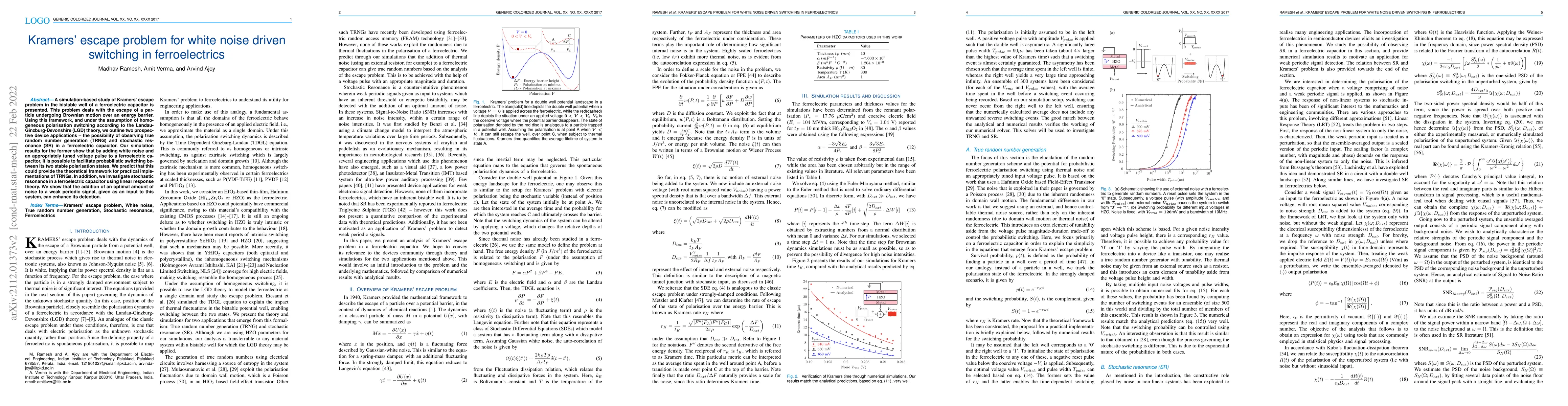 Thumbnail for Kramers' escape problem for white noise driven switching in
  ferroelectrics