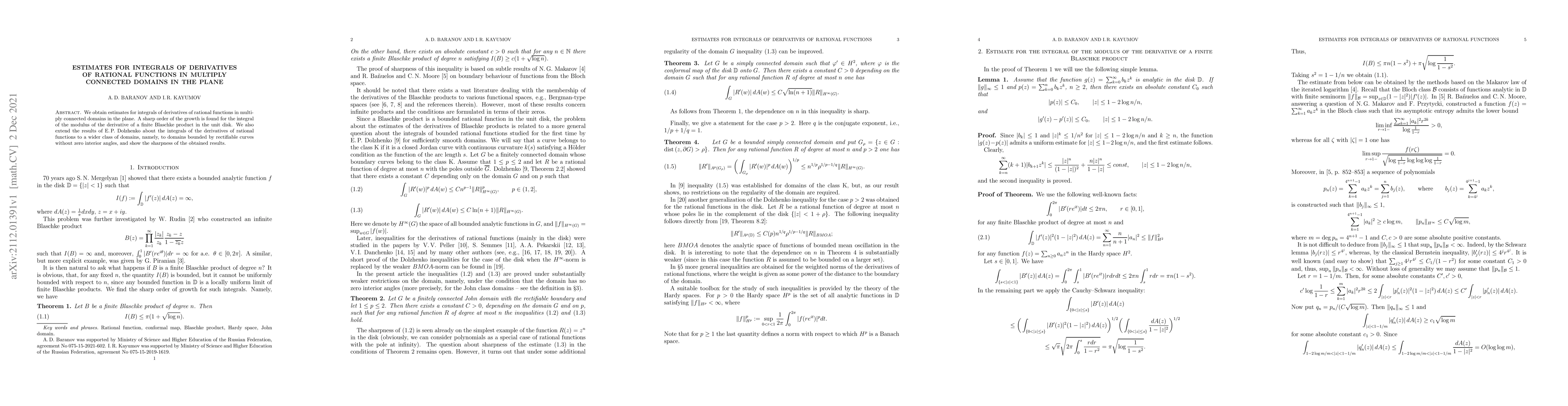 Thumbnail for Estimates for integrals of derivatives of rational functions in multiply
  connected domains in the plane