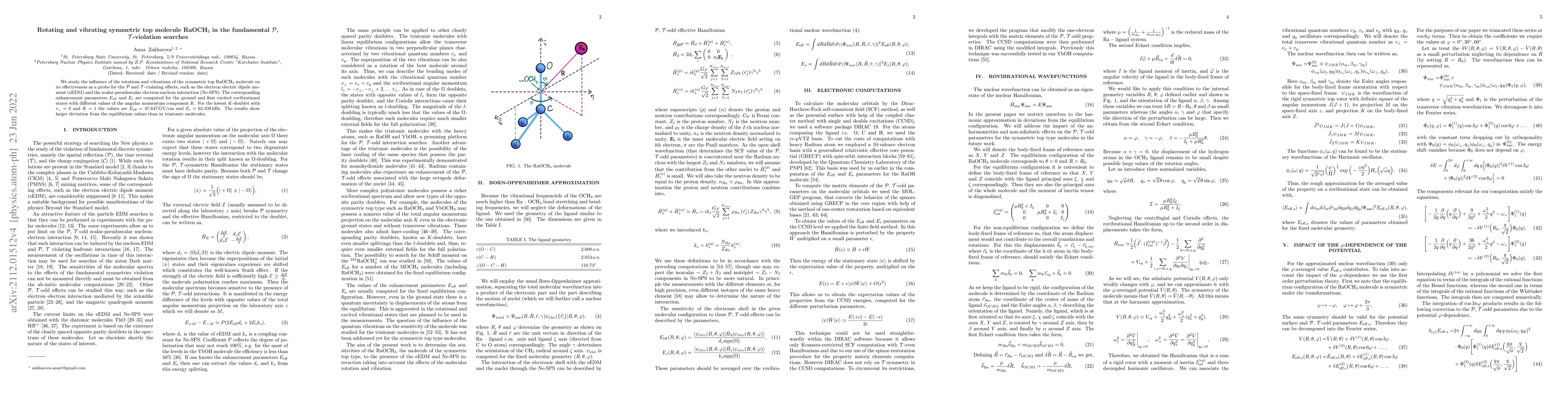 Thumbnail for Rotating and vibrating symmetric top molecule RaOCH$_3$ in the
  fundamental $\mathcal{P}$, $\mathcal{T}$-violation searches