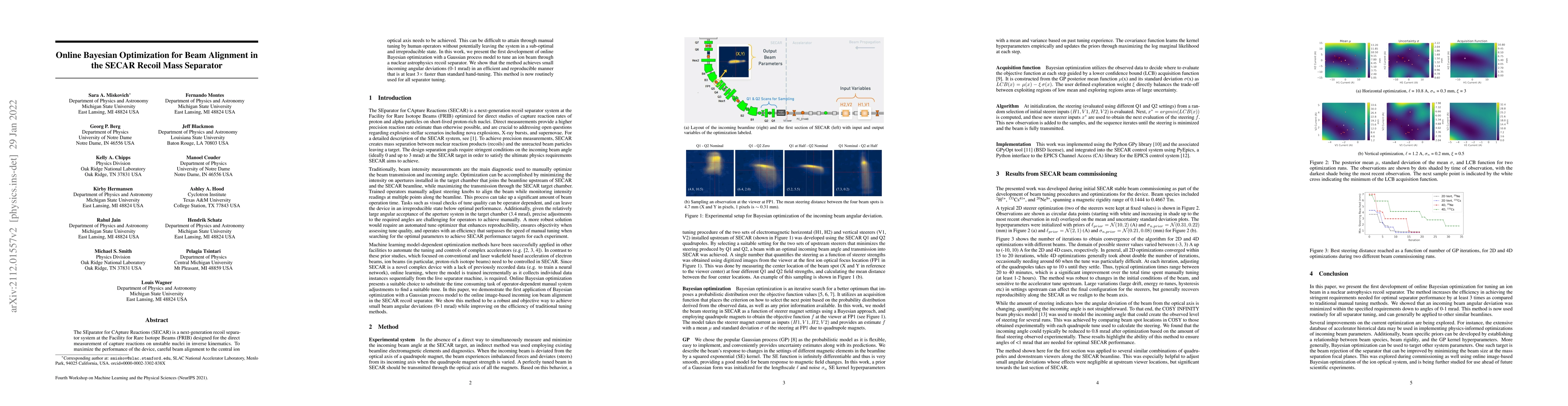 Thumbnail for Online Bayesian Optimization for Beam Alignment in the SECAR Recoil Mass
  Separator