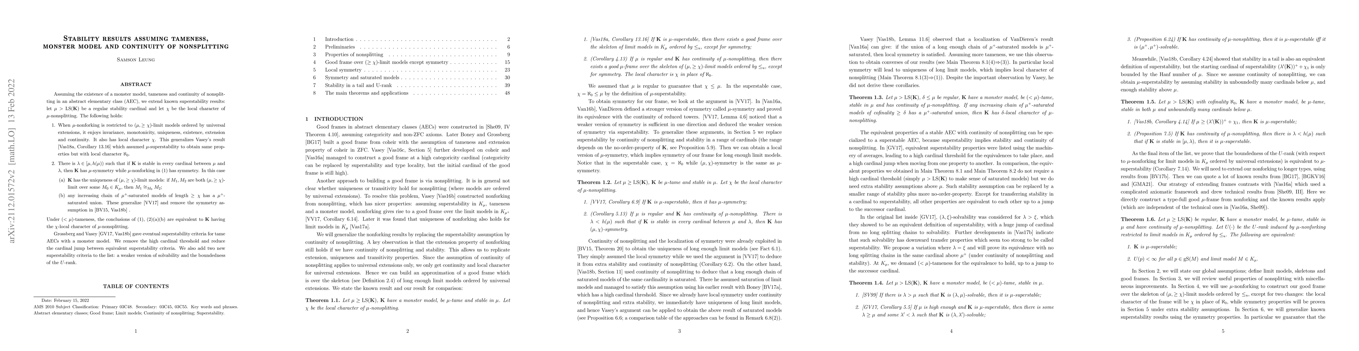 Thumbnail for Stability results assuming tameness, monster model and continuity of
  nonsplitting