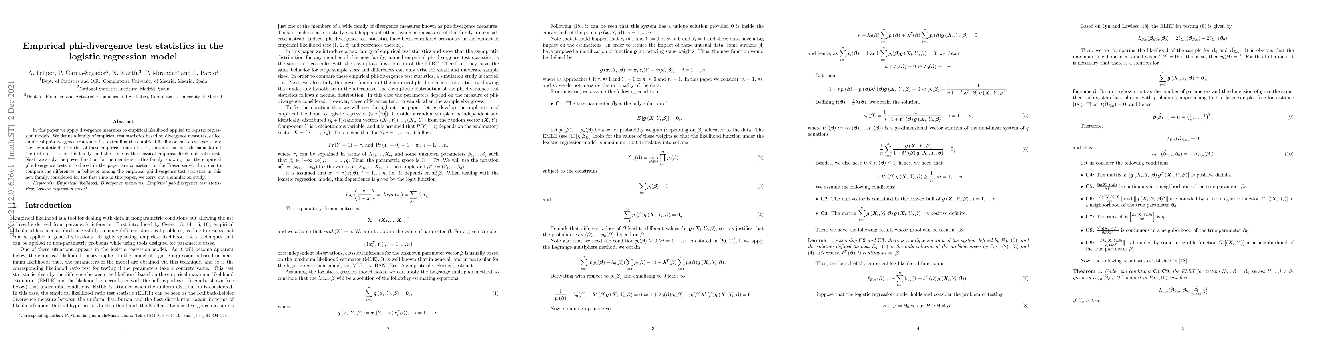Thumbnail for Empirical phi-divergence test statistics in the logistic regression
  model