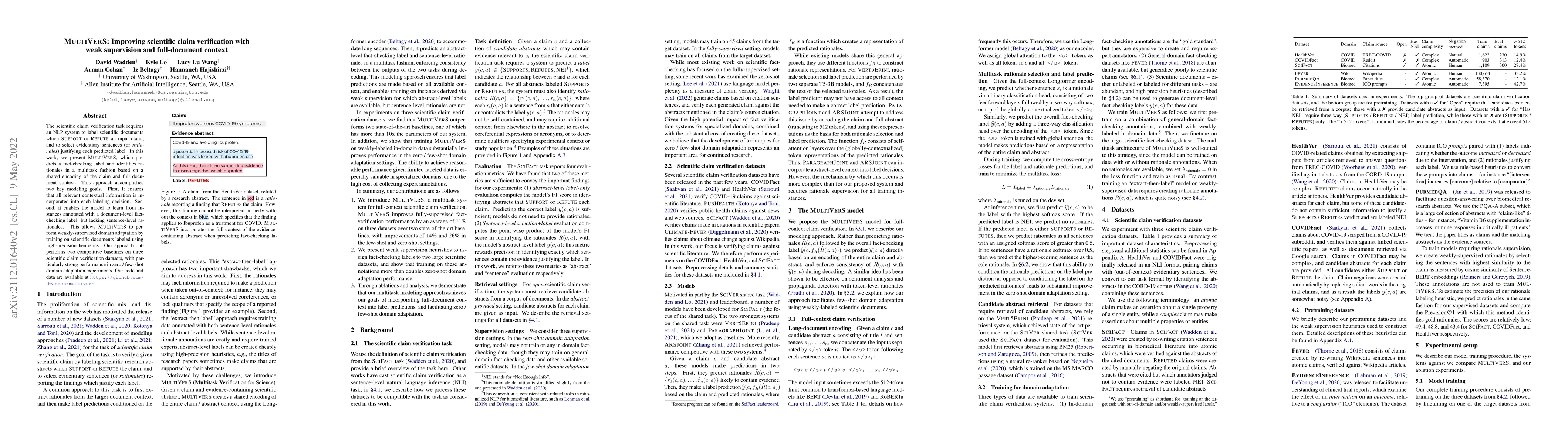 Thumbnail for MultiVerS: Improving scientific claim verification with weak supervision
  and full-document context