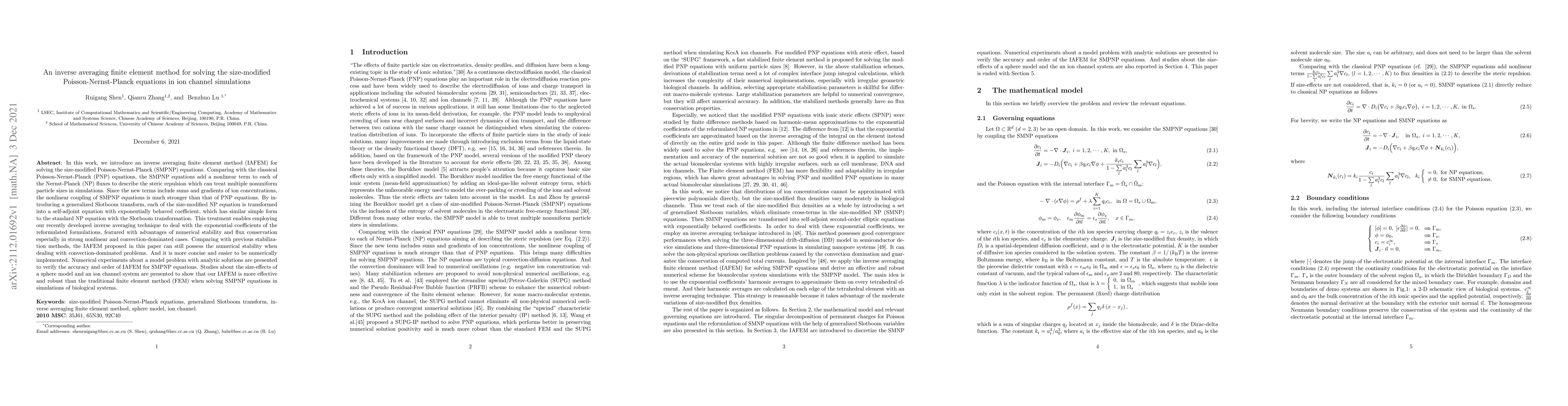 Thumbnail for An inverse averaging finite element method for solving the size-modified
  Poisson-Nernst-Planck equations in ion channel simulations