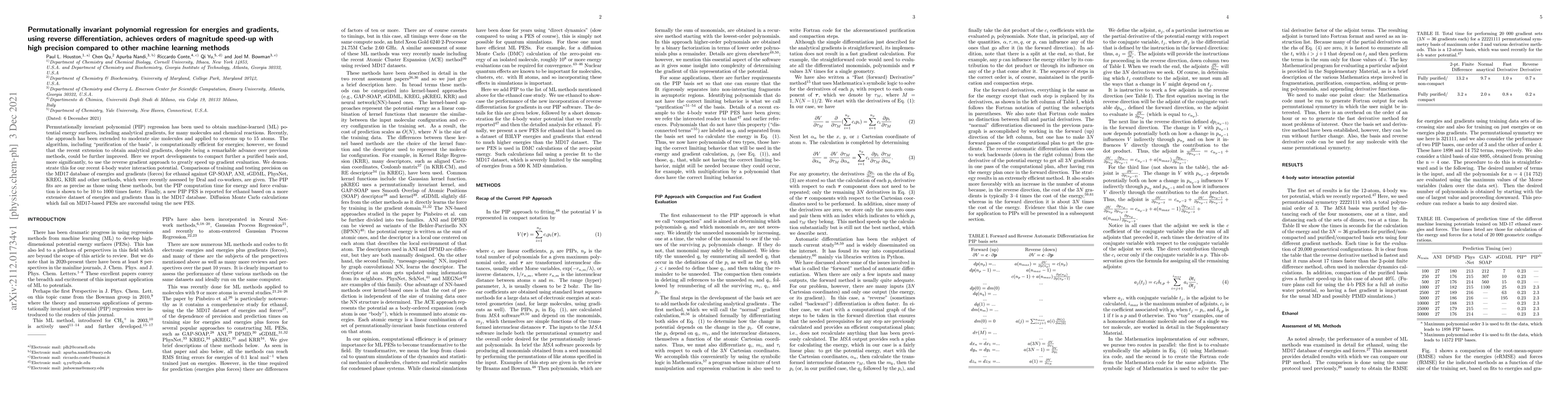 Thumbnail for Permutationally invariant polynomial regression for energies and
  gradients, using reverse differentiation, achieves orders of magnitude
  speed-up with high precision compared to other machine learning methods