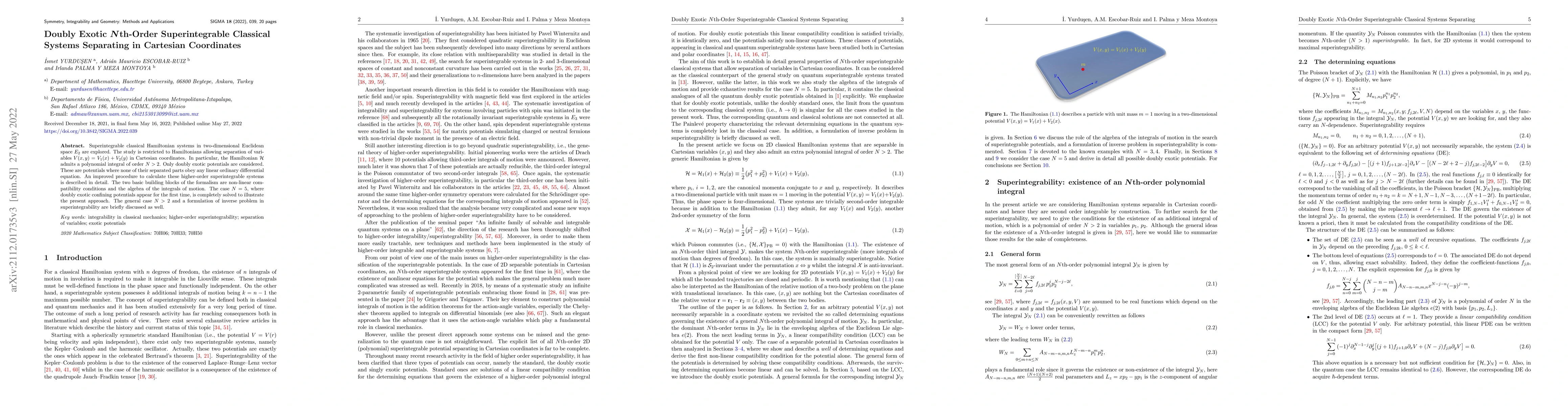 Thumbnail for Doubly Exotic $N$th-order Order Superintegrable Classical Systems
  Separating in Cartesian Coordinates