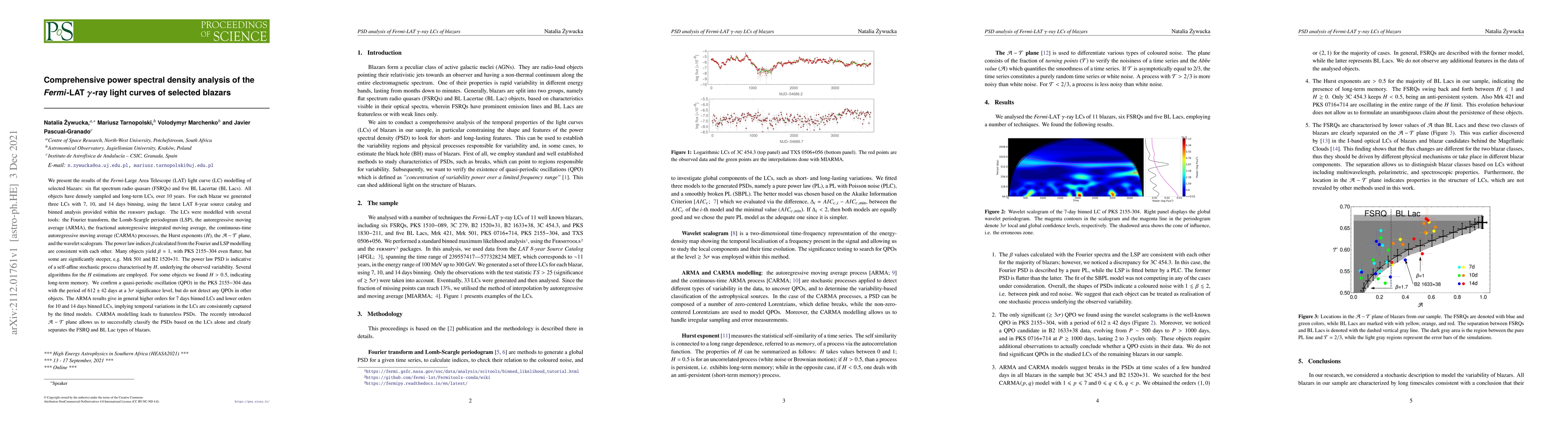 Thumbnail for Comprehensive power spectral density analysis of the Fermi-LAT
  $\gamma$-ray light curves of selected blazars