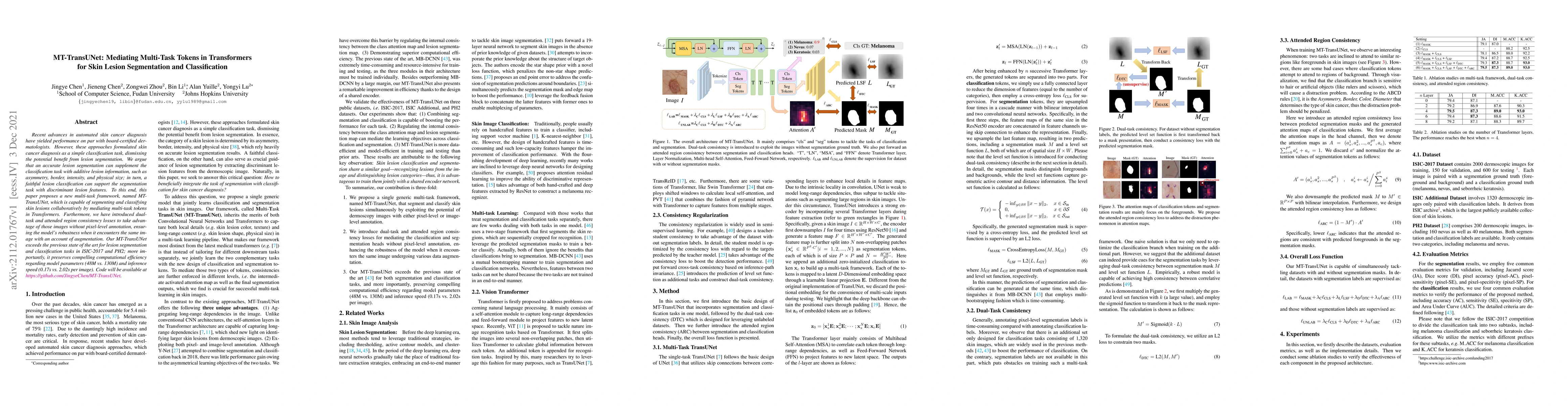 Thumbnail for MT-TransUNet: Mediating Multi-Task Tokens in Transformers for Skin
  Lesion Segmentation and Classification