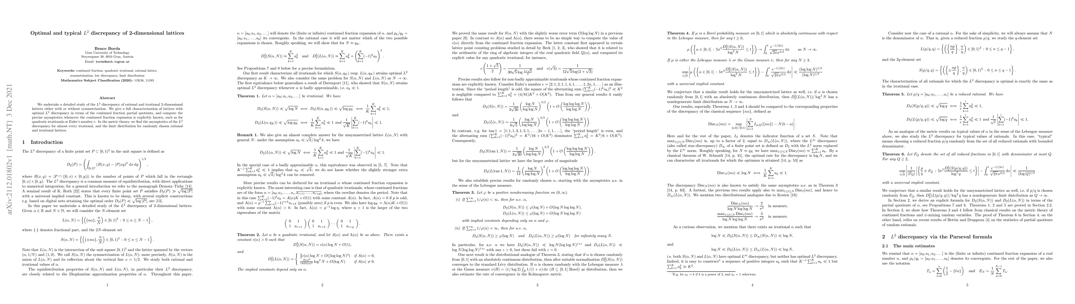 Thumbnail for Optimal and typical $L^2$ discrepancy of 2-dimensional lattices