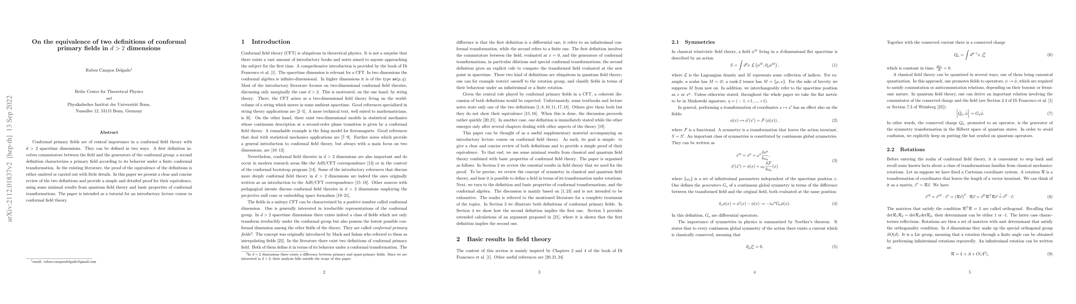 Thumbnail for On the equivalence of two definitions of conformal primary fields in d >
  2 dimensions