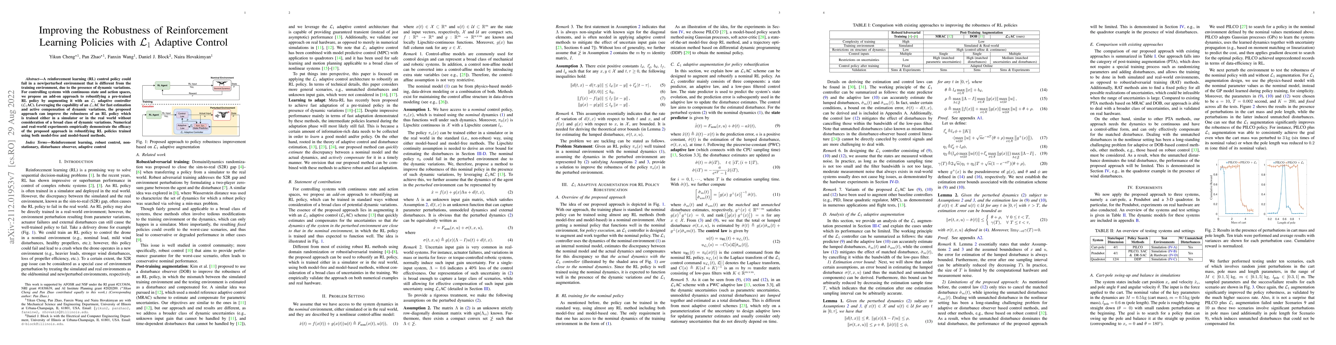 Thumbnail for Improving the Robustness of Reinforcement Learning Policies with
  $\mathcal{L}_{1}$ Adaptive Control