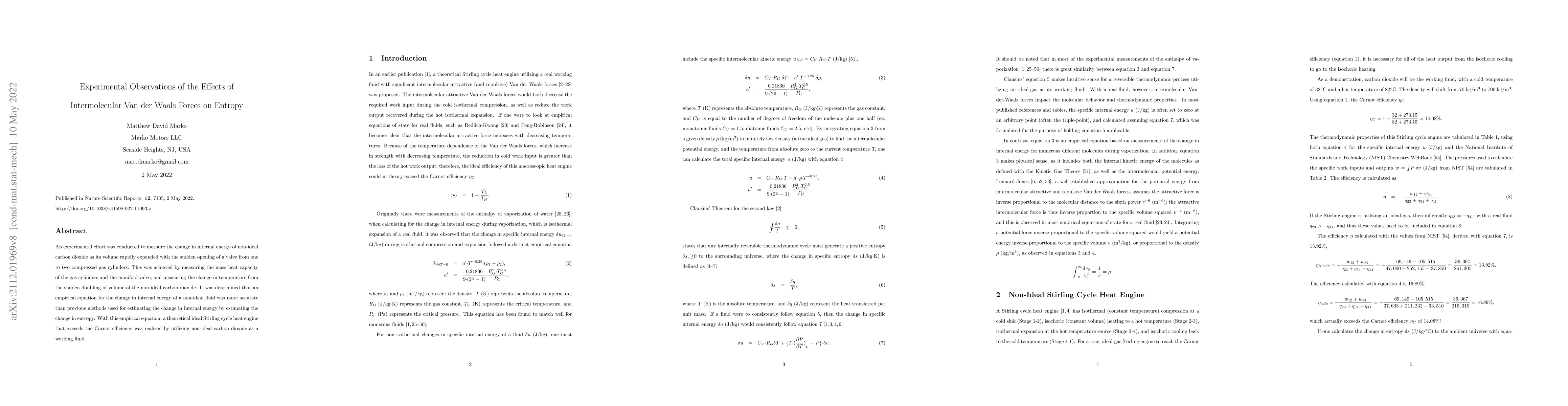 Thumbnail for Experimental Observations of the Effects of Intermolecular Van der Waals
  Forces on Entropy