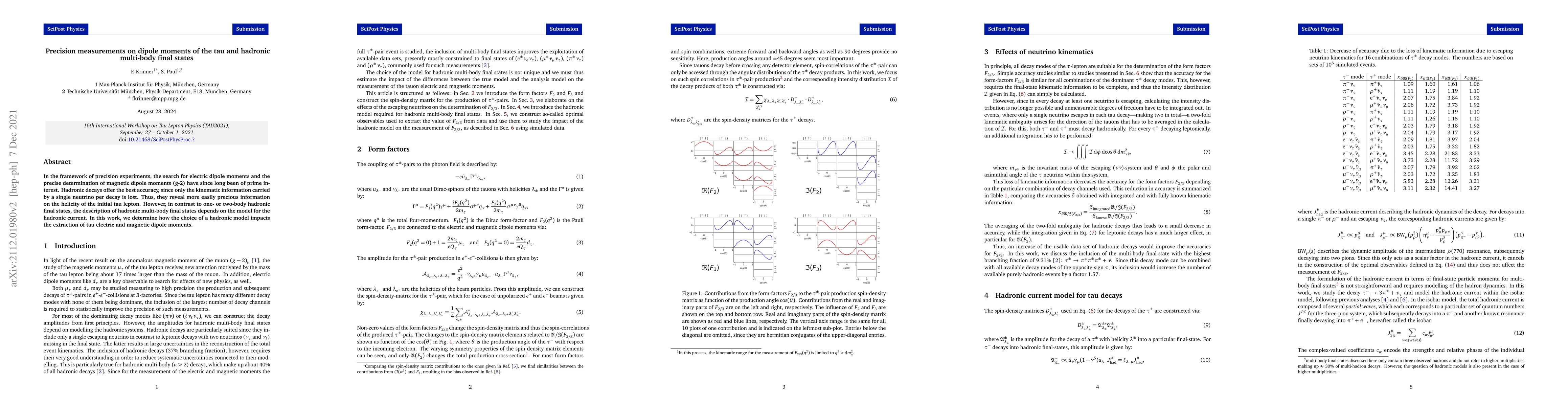 Thumbnail for Precision measurements on dipole moments of the tau and hadronic
  multi-body final states