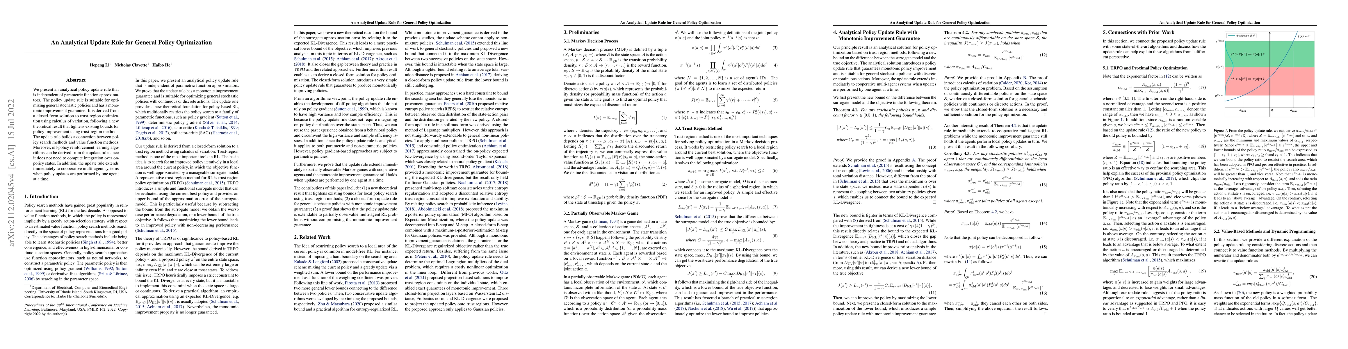 Thumbnail for An Analytical Update Rule for General Policy Optimization