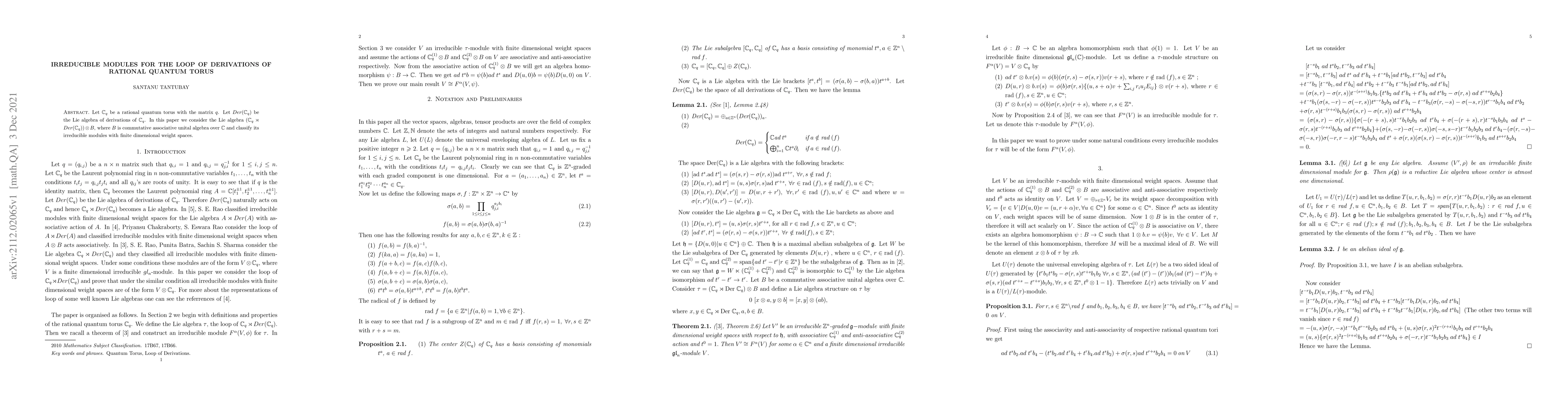 Thumbnail for Irreducible Modules for the loop of Derivations of Rational Quantum
  Torus