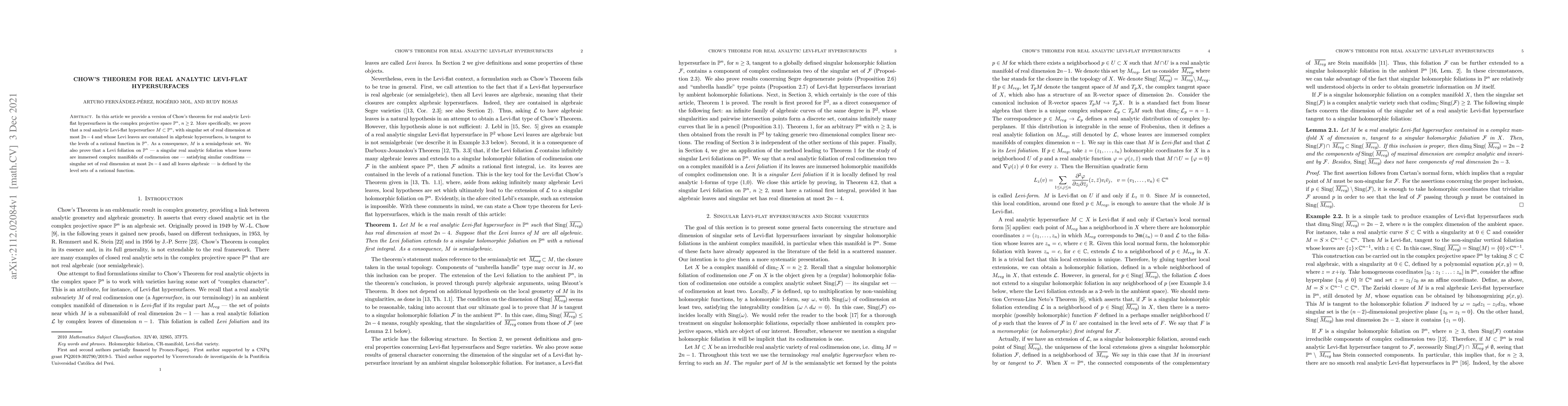 Thumbnail for Chow's theorem for real analytic Levi-flat hypersurfaces